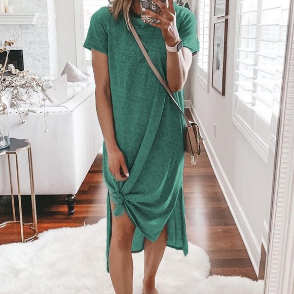 Green Casual Short Sleeve T-shirt Midi Dress with High Splits - Picture 5 of 14